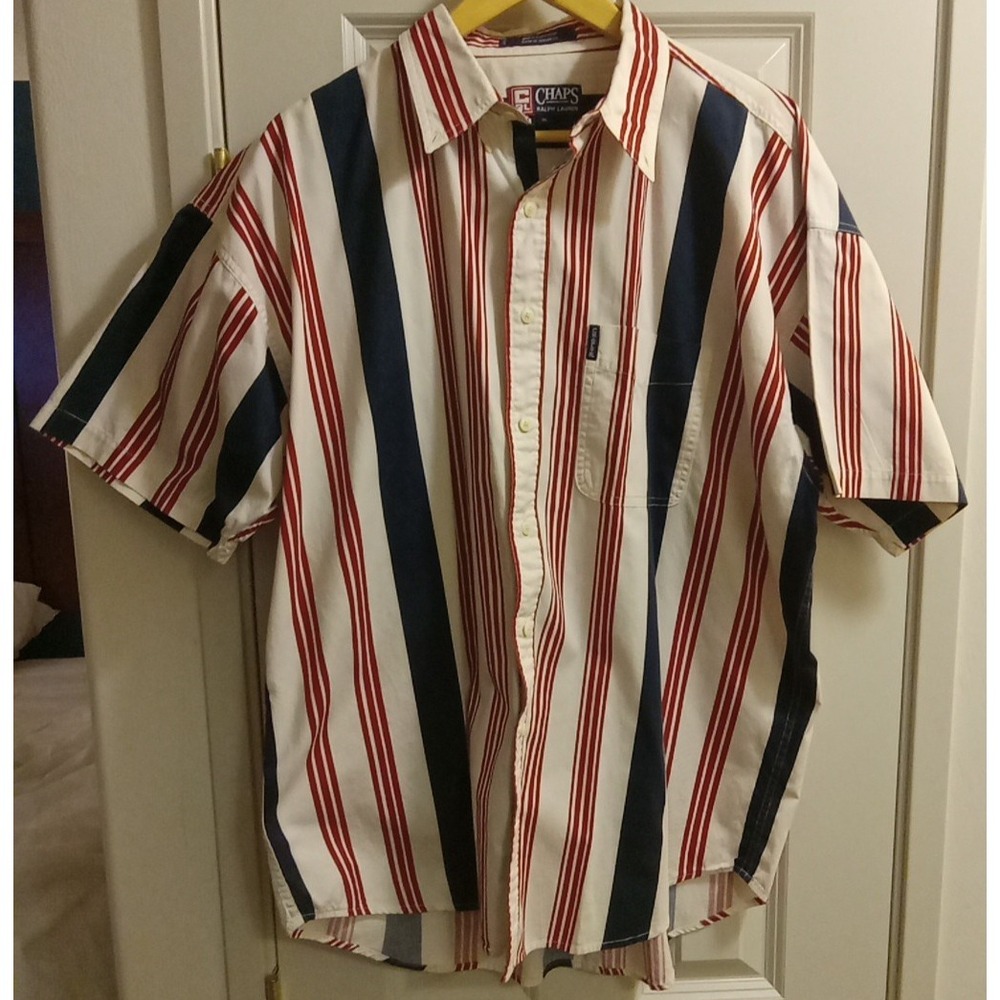 VTG Chaps Ralph Lauren XL Cotton Mens Patriotic Brush Popper Short Sleeve Pocket